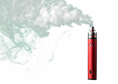 Red electronic cigarette device emitting a large plume of white vapor isolated on a black background isolated on white background isolated on transparent background