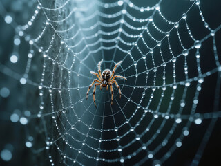 Large shiny cobweb in a corner with a small spider, concept of Halloween for Halloween  
  