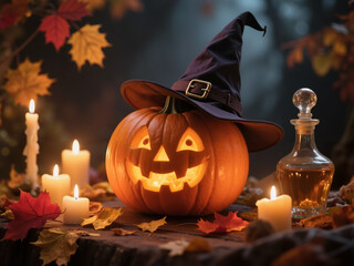 Pumpkin with witch's hat and candles surrounded by autumn leaves for Halloween  