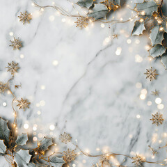 A minimalist Christmas frame with silver leaves, snowflakes, and lights on marble Generative AI