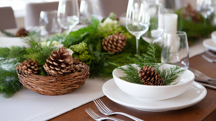 A beautifully set table with pinecones and greenery, ideal for festive celebrations Generative AI
