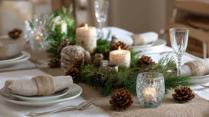 Elegant setting features candles, greenery, and pine cones for a cozy holiday atmosphere Generative AI
