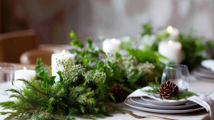 Soft candles glow among fresh green foliage and pine cones, creating a warm festive atmosphere Generative AI