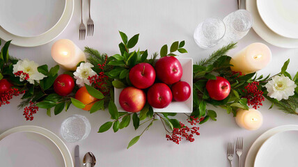 A beautifully arranged table centerpiece using fruits, candles, and greenery for the holiday season Generative AI