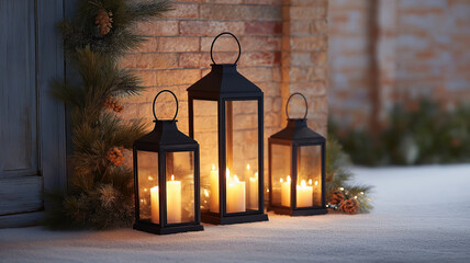 Rustic lanterns glow warmly, brightening a snowy setting filled with holiday spirit and cheer Generative AI
