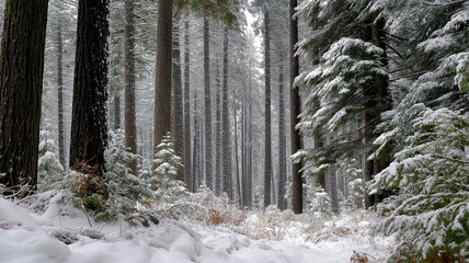 Soft snowfall covers the still trees, while a peaceful atmosphere envelops the entire forest scene Generative AI