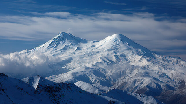 Majestic snow covered mountains under a cloudy blue sky