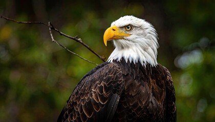 Obraz premium Majestic Bald Eagle Portrait Against Blurred Green Foliage Background Sharp Details Golden Beak White Head Feathers Brown Body Natural Light Serene Wildlife Scene