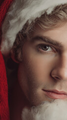 A handsome man with light brown hair in a cozy Santa hat, glowing with holiday cheer Generative AI