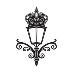 Vector art of sophisticated black and white depiction of an antique street lamp adorned with a regal crown, , symbolizing elegance and historical significance