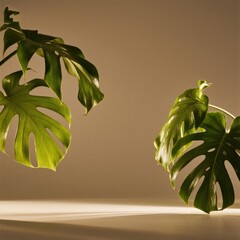 Green monstera leaves in soft light