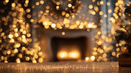 Soft, blurred golden lights illuminate a festive room, giving a warm and joyful holiday vibe Generative AI