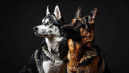 Majestic German Shepherd and Husky Duo Portraits Against a Dark Background