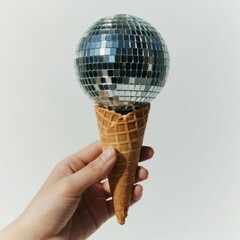 Hand holding disco ball in ice cream cone