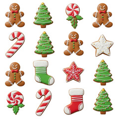 Collection of christmas gingerbread cookies and candy canes isolated on transparent background