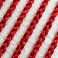 Red braided cords on white fabric