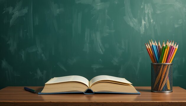 Open book on a wooden desk with colored pencils in a holder against a chalkboard background - Powered by Adobe