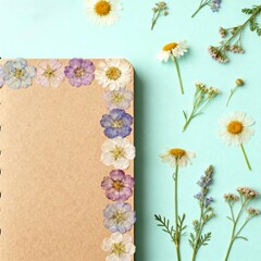 Pressed flowers beside notebook on pastel background