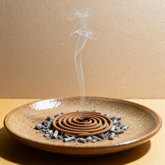 Burning incense coil on ceramic plate