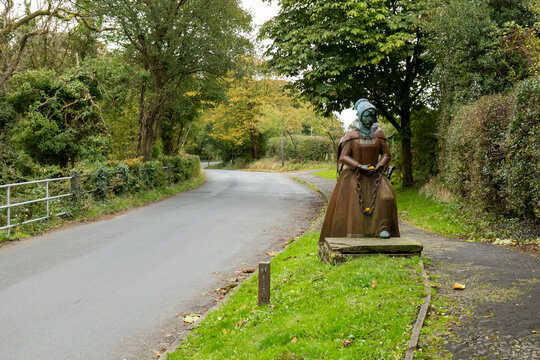 Roughlee, Lancashire, Oct 7 2025 &ndash; Weathered metal statue of Alice Nutter by sculptor David Palmer, unveiled in 2012. Commemorates one of the women executed during the 1612 Pendle witch trials.