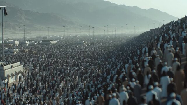 An islamic hajj pilgrimage with thousands of people in a vast landscape, a powerful scene of faith.