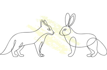 Minimalist single line drawing a fox rabbit facing each other animal wildlife