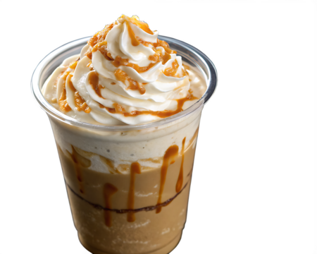 Delicious caramel iced coffee drink with whipped cream and caramel drizzle isolated on transparent background isolated on white background