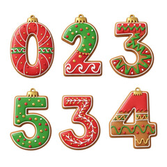 Christmas gingerbread number ornaments zero one two three four five isolated on transparent background