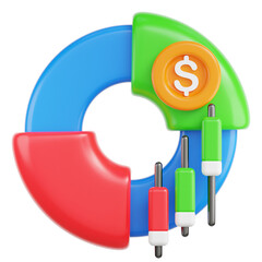 3D financial profit analysis chart with blue red and green segments displaying stock market candlestick graph and dollar coin isolated on black background