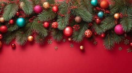 Fototapeta premium Vibrant Christmas Decoration with Ornaments and Greenery on Red Background
