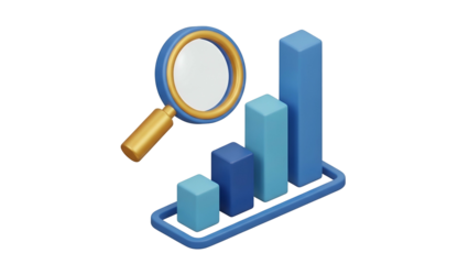 Blue Bar Chart with Magnifying Glass on Transparent Background
