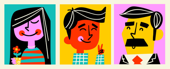 Obraz na płótnie Canvas A trendy set of retro vector avatars featuring diverse, stylized human portraits. These bold, pop art inspired characters are perfect for social media profiles, modern branding, and digital apps