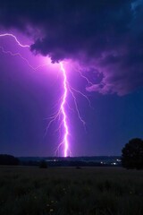 Dramatic Lightning Bolt Strikes Summer Thunderstorm, Illuminating Dark Sky and Landscape