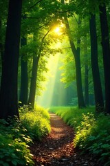 Sun-Dappled Path Through Lush Forest Tranquil Nature Scene, Perfect for Serenity and Environmental Themes