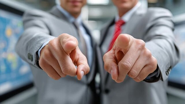 Point of Focus: Two distinguished men, sharply dressed, extend their hands, their fingers pointing directly at the viewer, creating a sense of directness and choice.