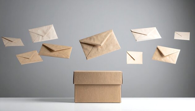 Several paper envelopes are depicted mid-air, above an open cardboard box against a gray backdrop - Powered by Adobe