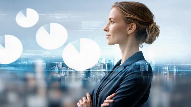 Vision of a Businesswoman: A confident businesswoman looks to the future with a focused gaze, as charts float around her. The image captures strength, focus, and aspiration in the business world.