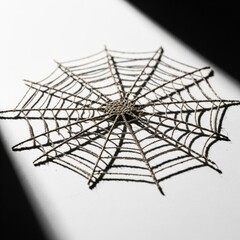 Obraz premium Detailed Golden Spiderweb on White Surface with Dramatic Shadow Overlay