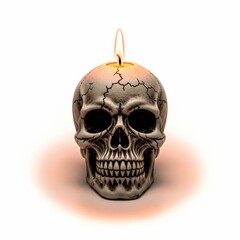 Skull Shaped Candle Holder with Burning Flame on White Background Isolated