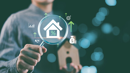 Real estate investment concept with house icon, mortgage interest rate, and financial growth symbols. Property value, housing loan, capital, income forecast, and wealth building for future profit.