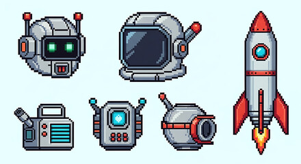 Pixel art illustration featuring robot heads helmets and a rocket on a light blue background