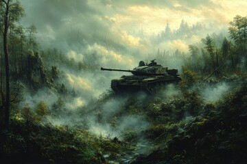 Majestic tank positioned amidst a surreal misty forest, evoking a sense of mystery and power, perfect for historical dramas and war documentaries