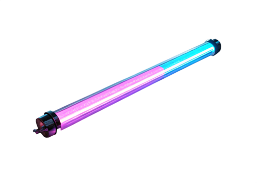 A long cylindrical object with vibrant pink and blue glowing light isolated on a black background isolated on white background isolated on transparent background
