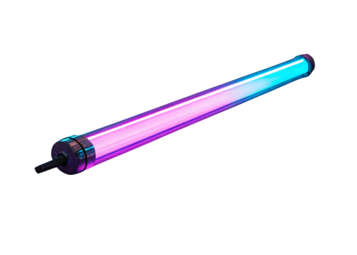 A long cylindrical led light tube glowing with vibrant pink and cyan colors isolated on a black background isolated on white background isolated on transparent background