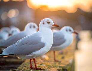 Fototapeta premium Several seagulls with white feathers and gray wings stand on a wooden structure with warm sunset light