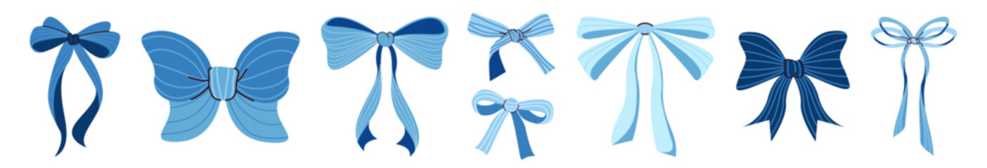 Set of blue ribbon bows in various shapes and shades. Design for gift wrapping, holiday decoration, packaging design, cards. Vector barrette with long tails isolated on white background.