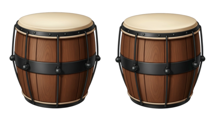 Two Wooden Drums with Black Hardware and Cream Drumheads on Transparent Background