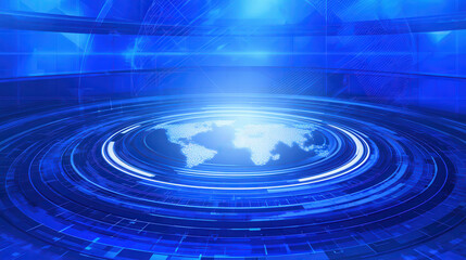 Futuristic digital world map hologram with blue energy aura