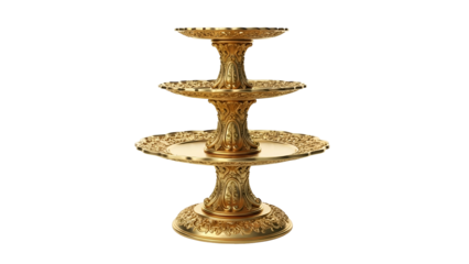 Elegant Gold Three-Tiered Dessert Stand with Ornate Detailing on Transparent Background
