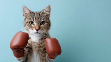 A tabby cat wearing boxing gloves stands in a determined fighting stance against a solid blue background